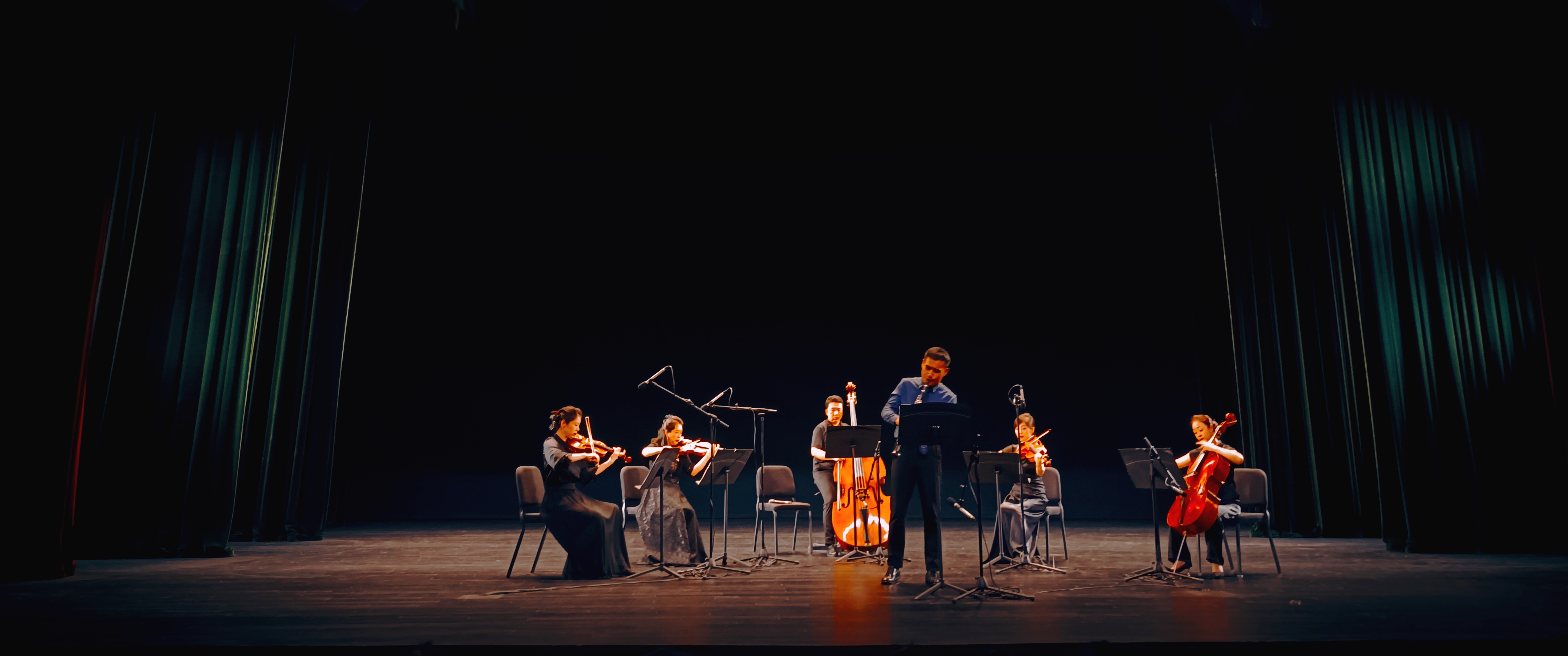 布置:左侧两个小提琴🎻,中间低音提琴,右侧中音提琴,最右侧大提琴,前面单簧管。