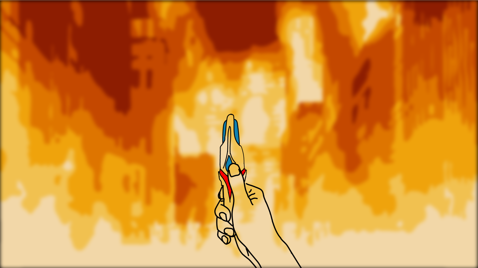 初稿的背景是在战火中,但是颜色太多了,觉得不好看,便改成了黑色背景。